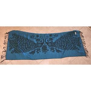 100% Cashmere Pashmina Double Peacock Scarf Blue Black Fringe 28x72" Shawl Wrap